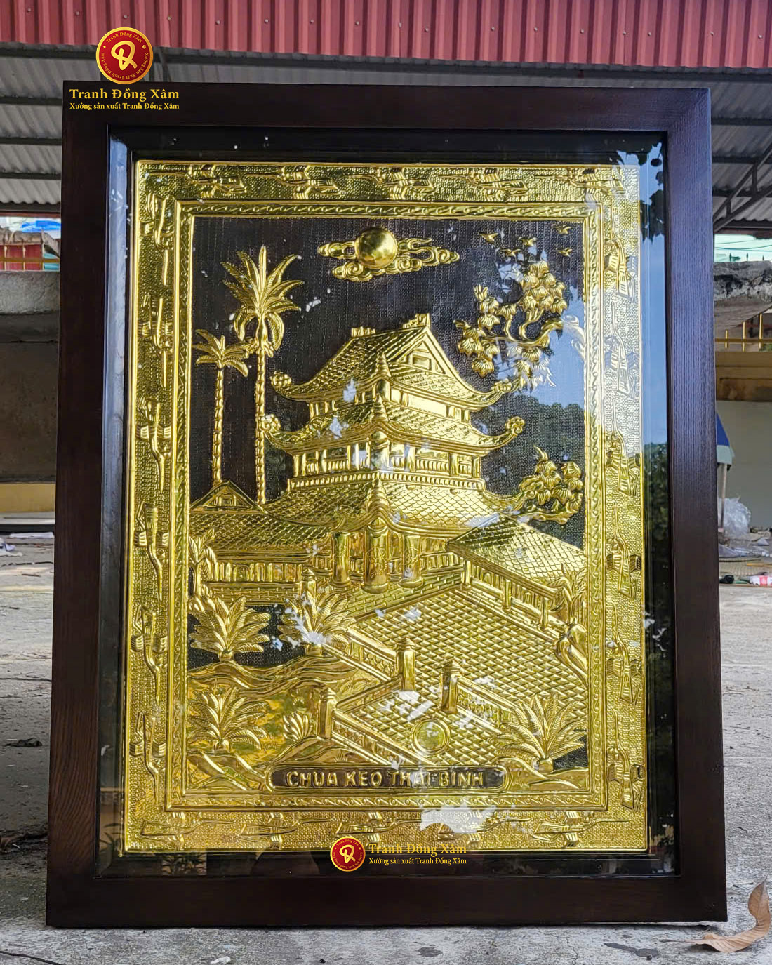 tranh chùa keo dát vàng khung gỗ sồi