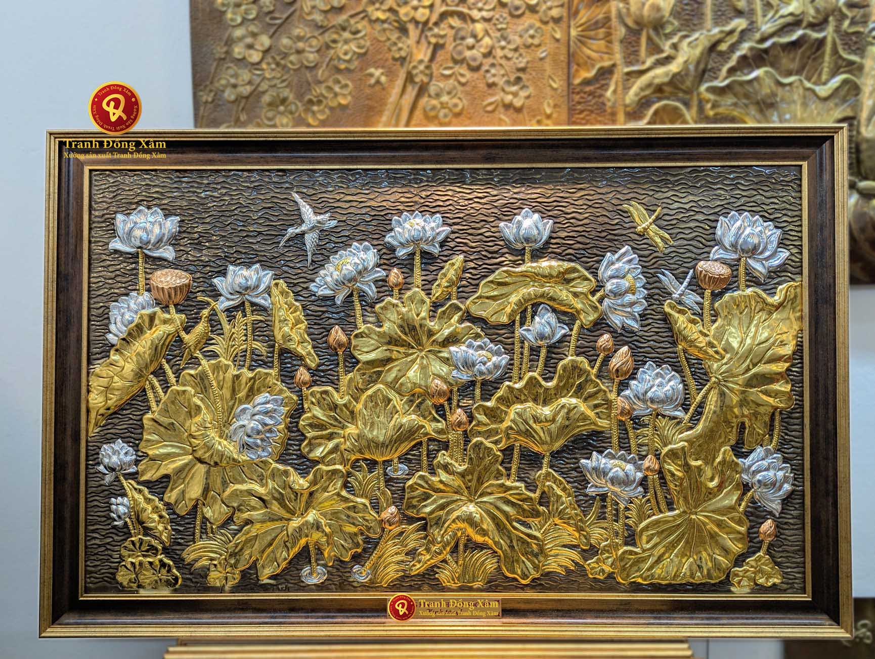 tranh hoa sen bằng đồng
